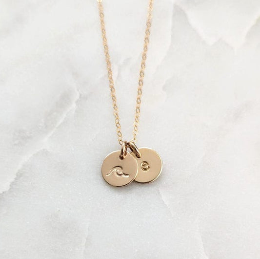 Wave Initial Necklace | Personalized Initial Disc | Dainty Gold Necklace