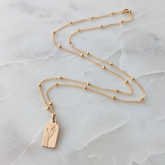Tiny Custom Birth Flower Necklace, Tiny Tag Charm Necklace, 14k Gold Fill