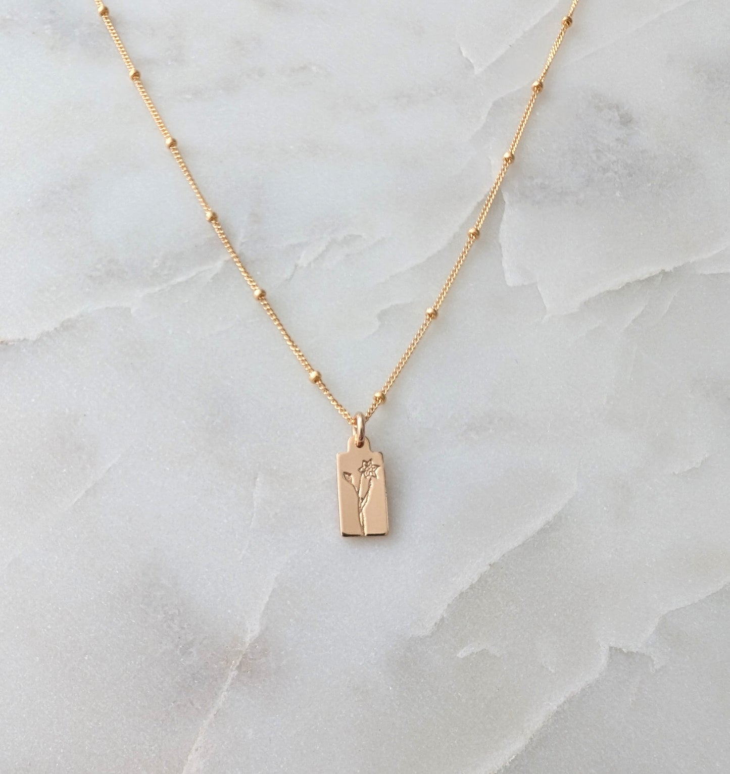 Tiny Custom Birth Flower Necklace, Tiny Tag Charm Necklace, 14k Gold Fill