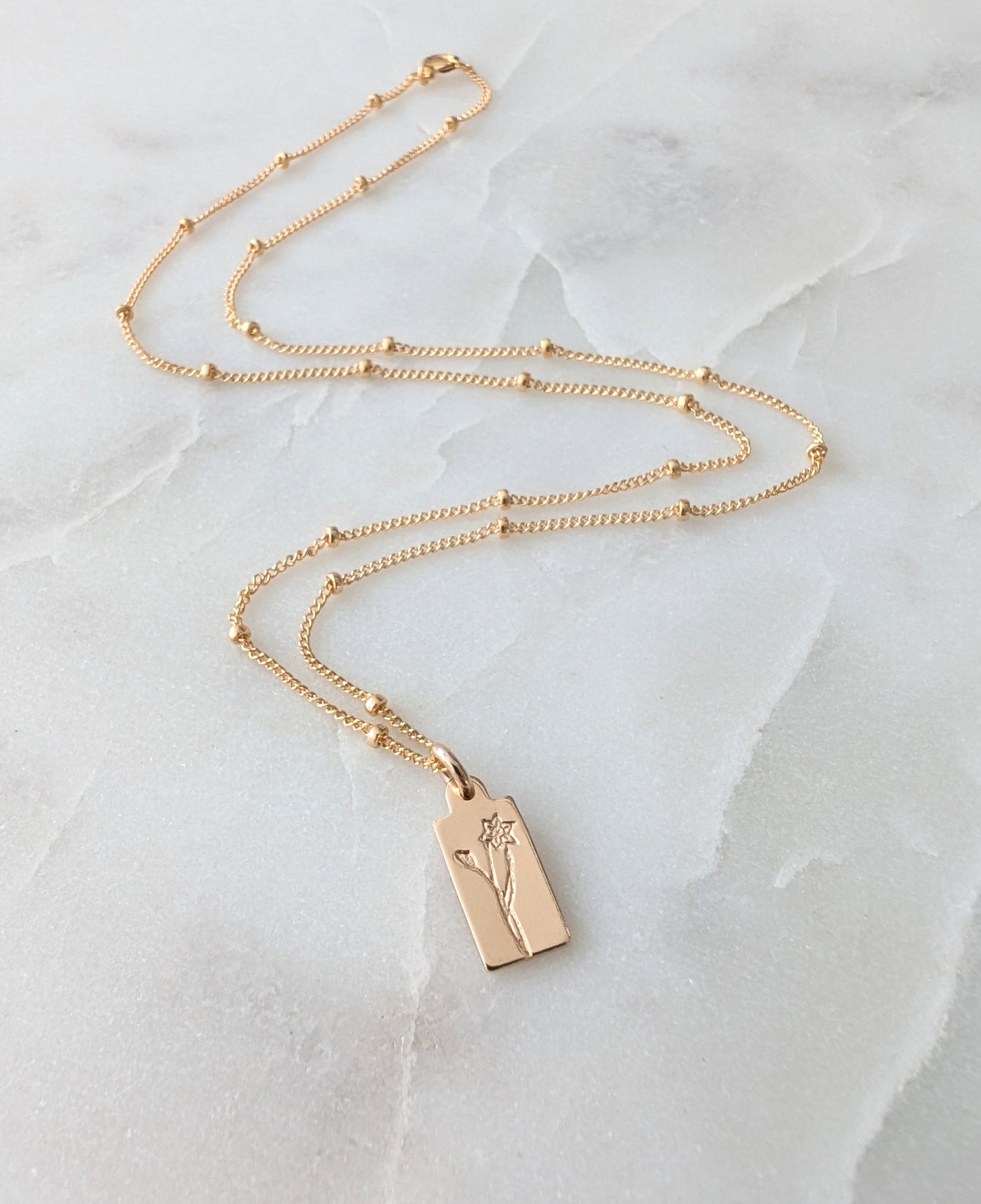 Tiny Custom Birth Flower Necklace, Tiny Tag Charm Necklace, 14k Gold Fill