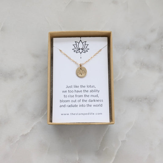 Tiny Lotus Necklace with Card, Sterling Silver or 14k gold fill