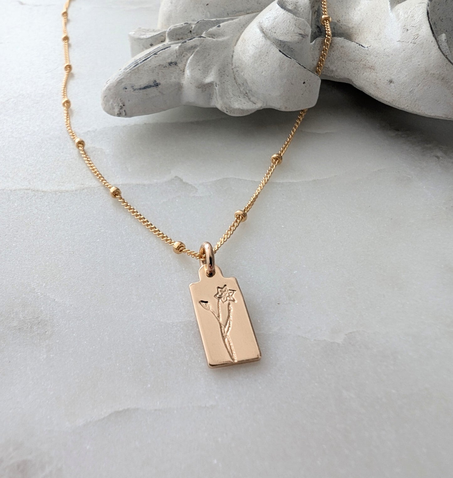 Tiny Custom Birth Flower Necklace, Tiny Tag Charm Necklace, 14k Gold Fill