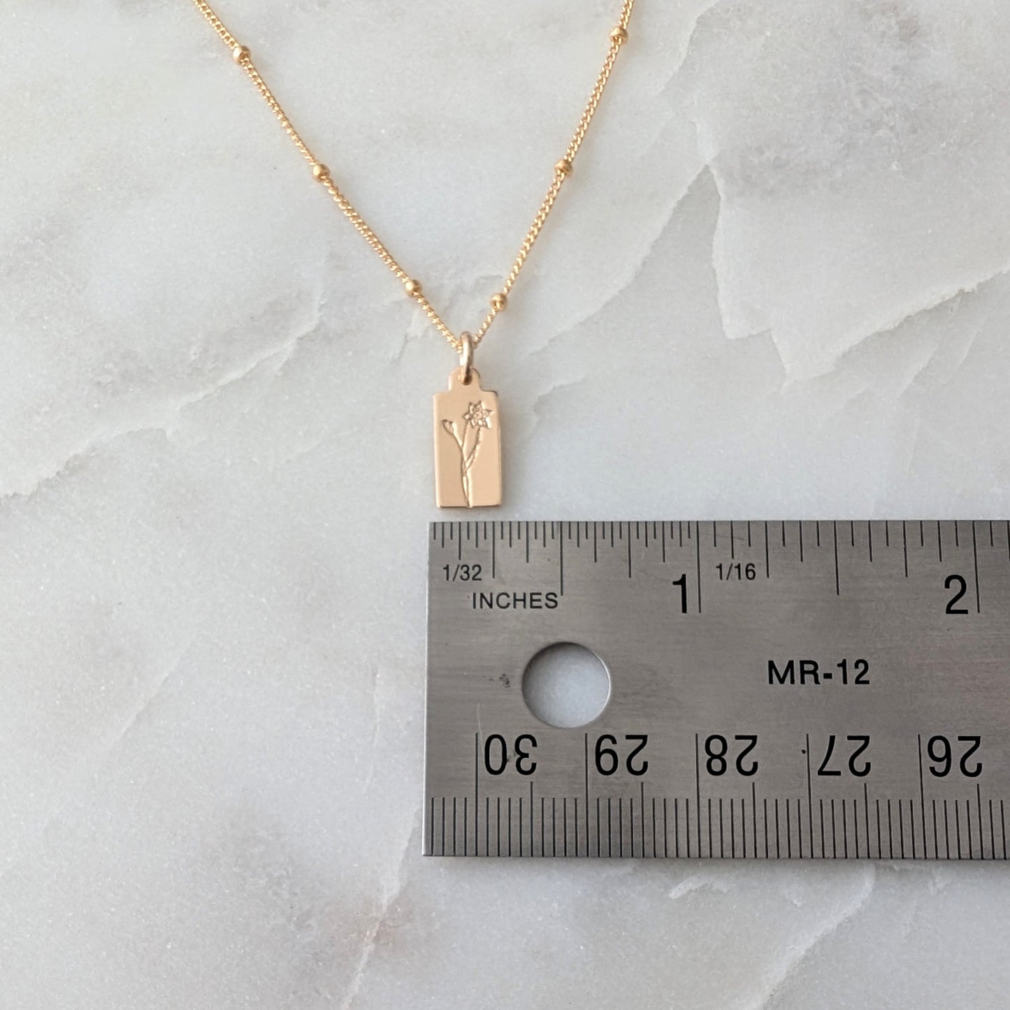 Tiny Custom Birth Flower Necklace, Tiny Tag Charm Necklace, 14k Gold Fill