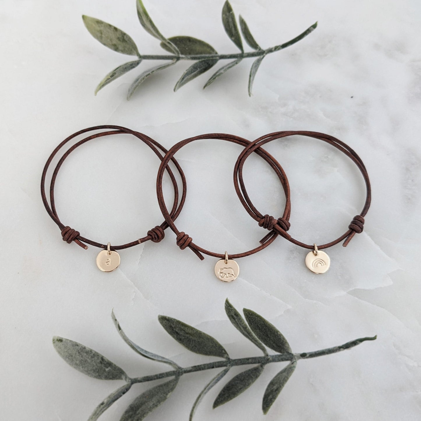 adjustable leather bracelet with personalized disc