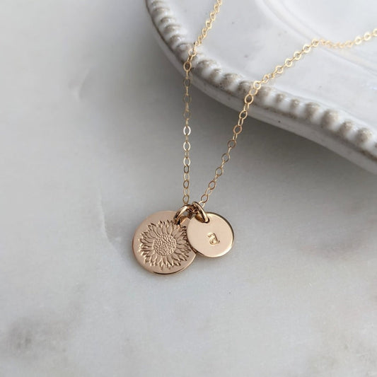 personalized gold sunflower necklace with initial