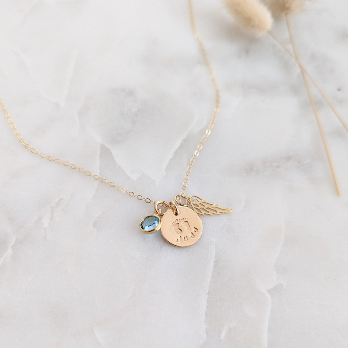 personalized miscarriage necklace with name, wing charm and birthstone