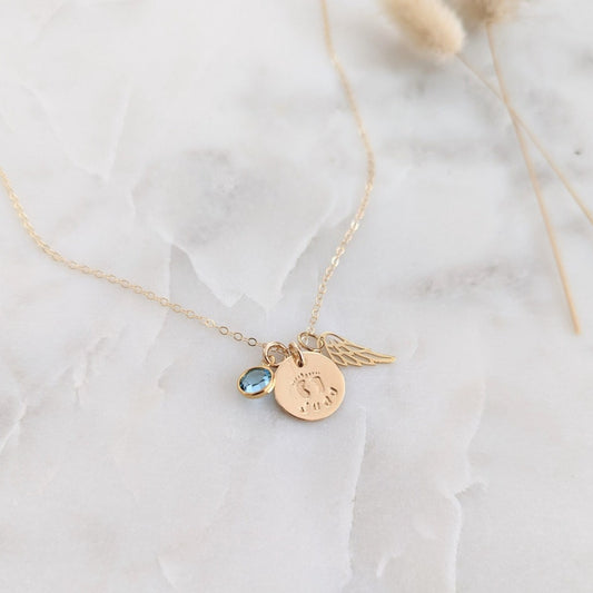 personalized miscarriage necklace with name, wing charm and birthstone