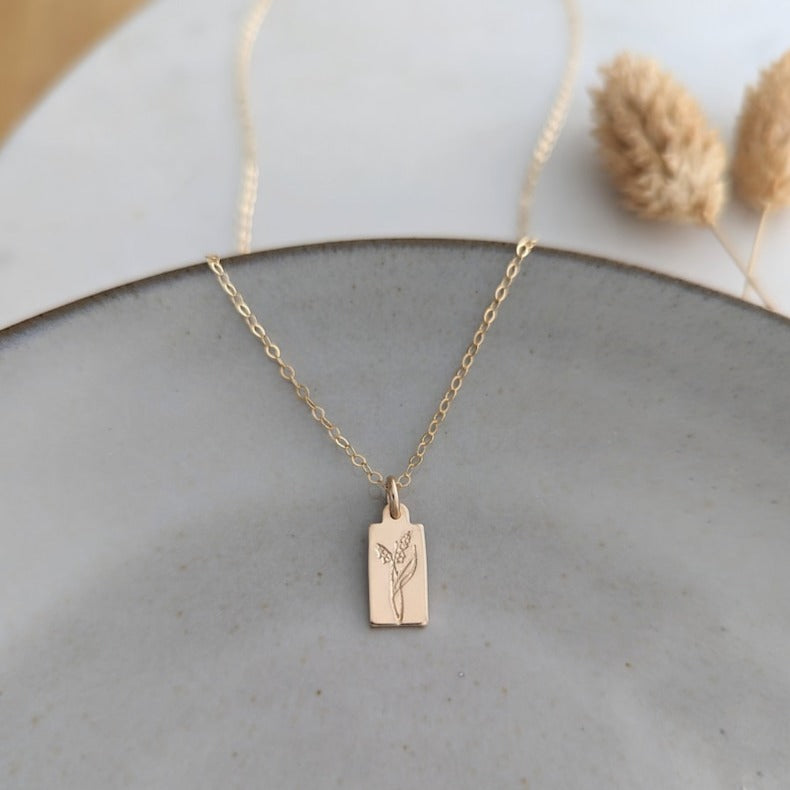Custom Birth flower Charm Necklace, Tiny Tag Necklace, 14k Gold Fill