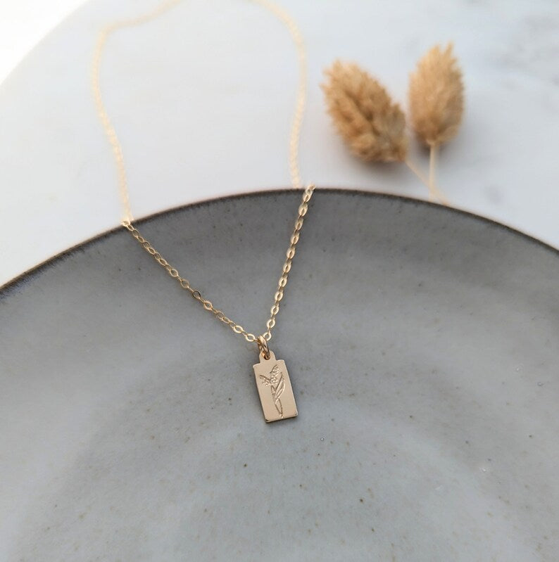 Custom Birth flower Charm Necklace, Tiny Tag Necklace, 14k Gold Fill