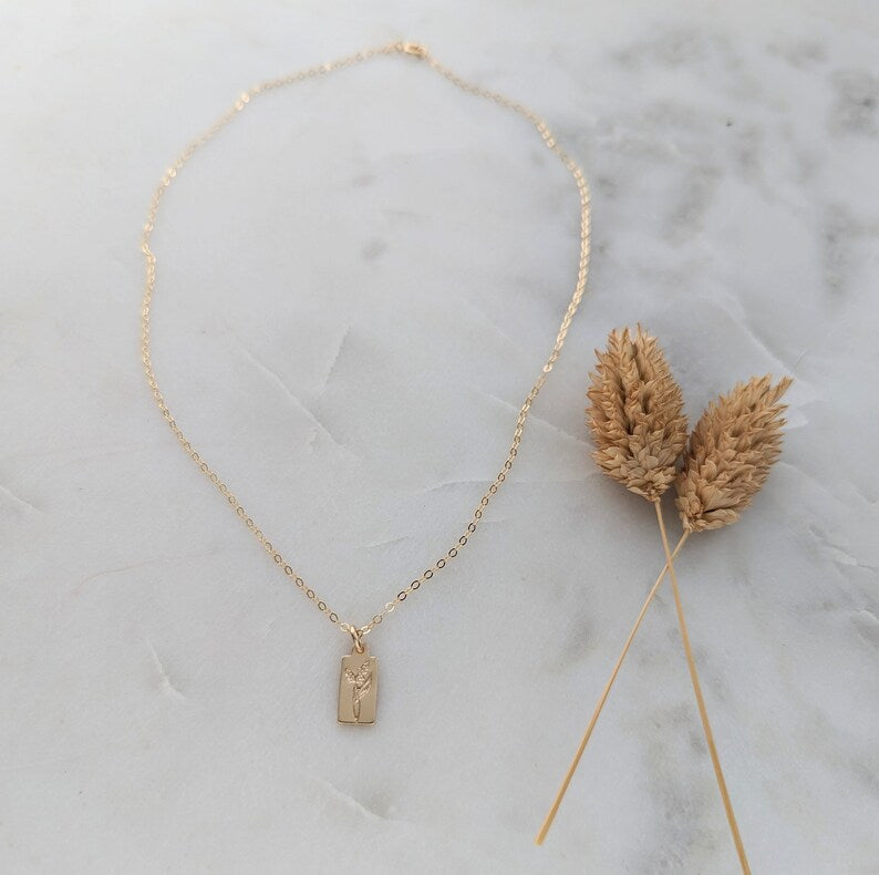 Custom Birth flower Charm Necklace, Tiny Tag Necklace, 14k Gold Fill