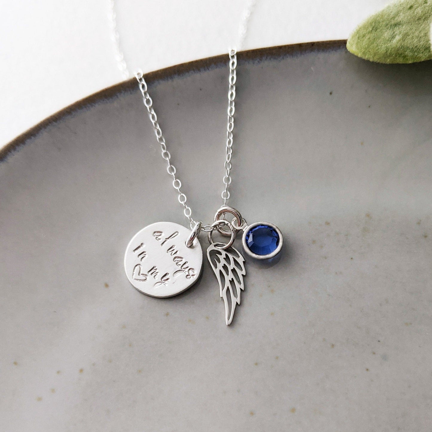 sterling silver necklace with always in my heart charm, wing charm and birthstone