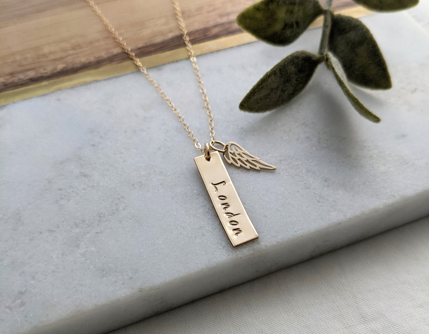 Memorial Necklace with Name | Angel Wing Necklace | Gold Name Necklace | Personalized Jewelry