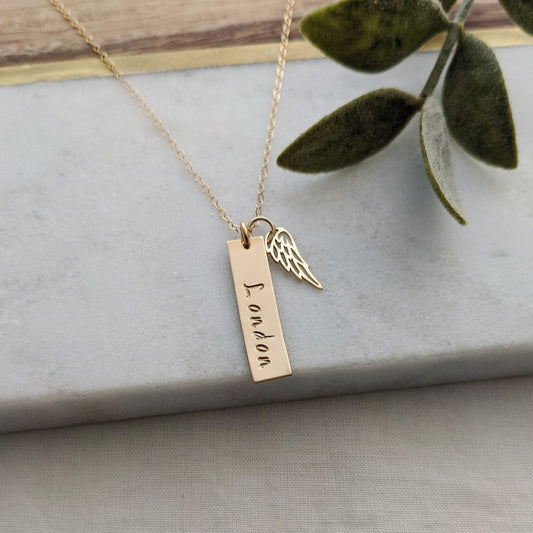 Memorial Necklace with Name | Angel Wing Necklace | Gold Name Necklace | Personalized Jewelry