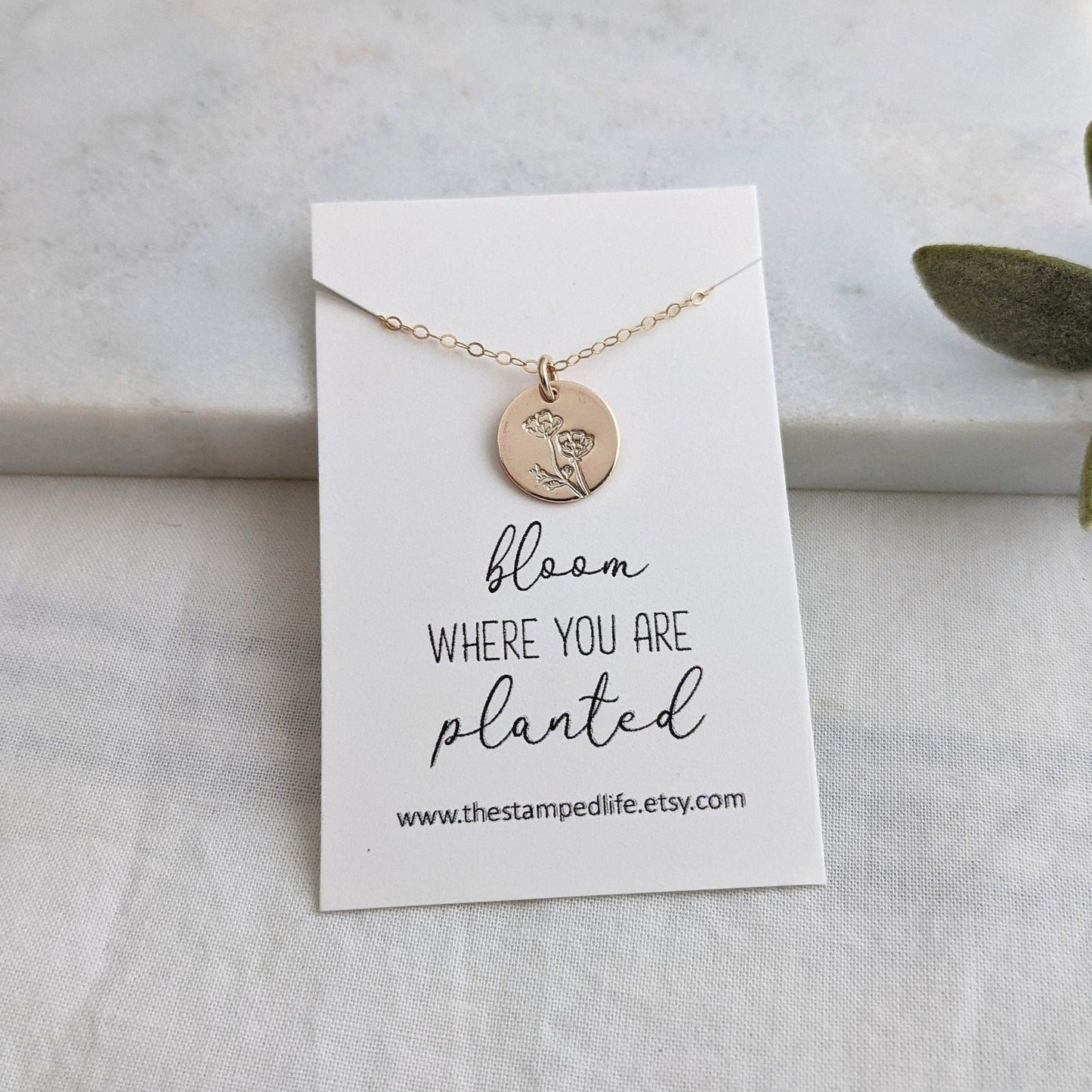 bloom where you are planted necklace gold disc with flower design