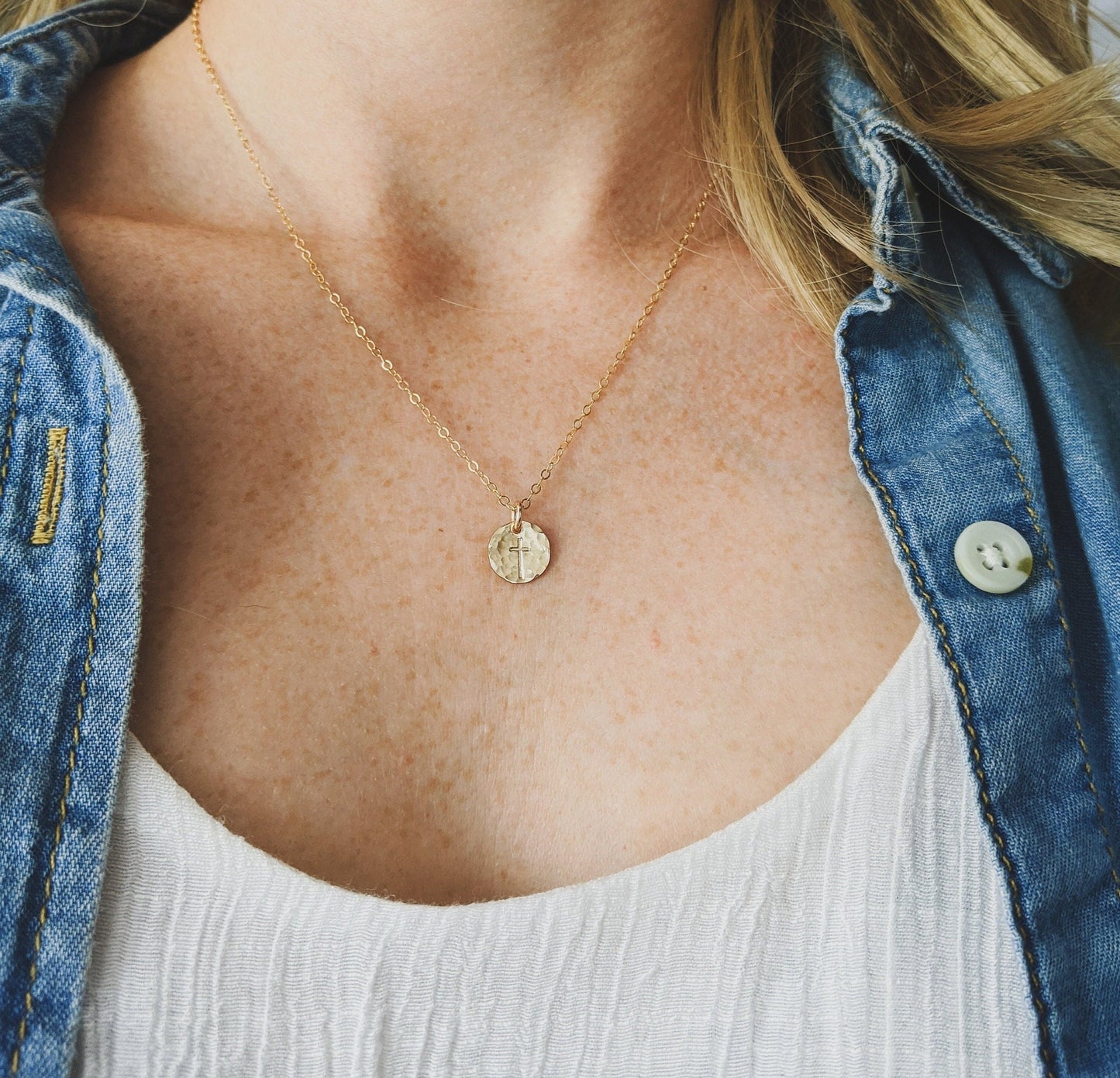 Gold Cross Necklace | Dainty Cross | Tiny Gold Disc | Minimal Jewelry | The Stamped Life