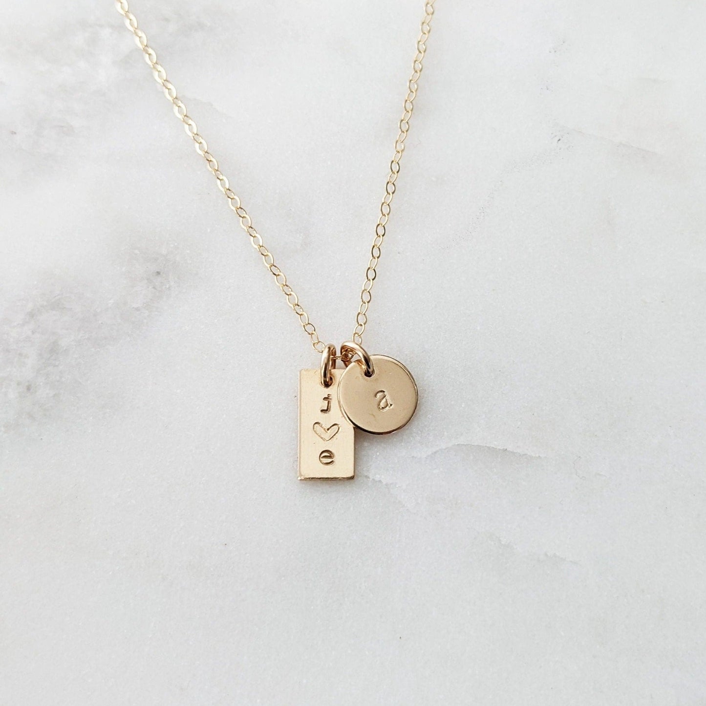 Gold filled necklace bar charm with initials tiny disc with initial