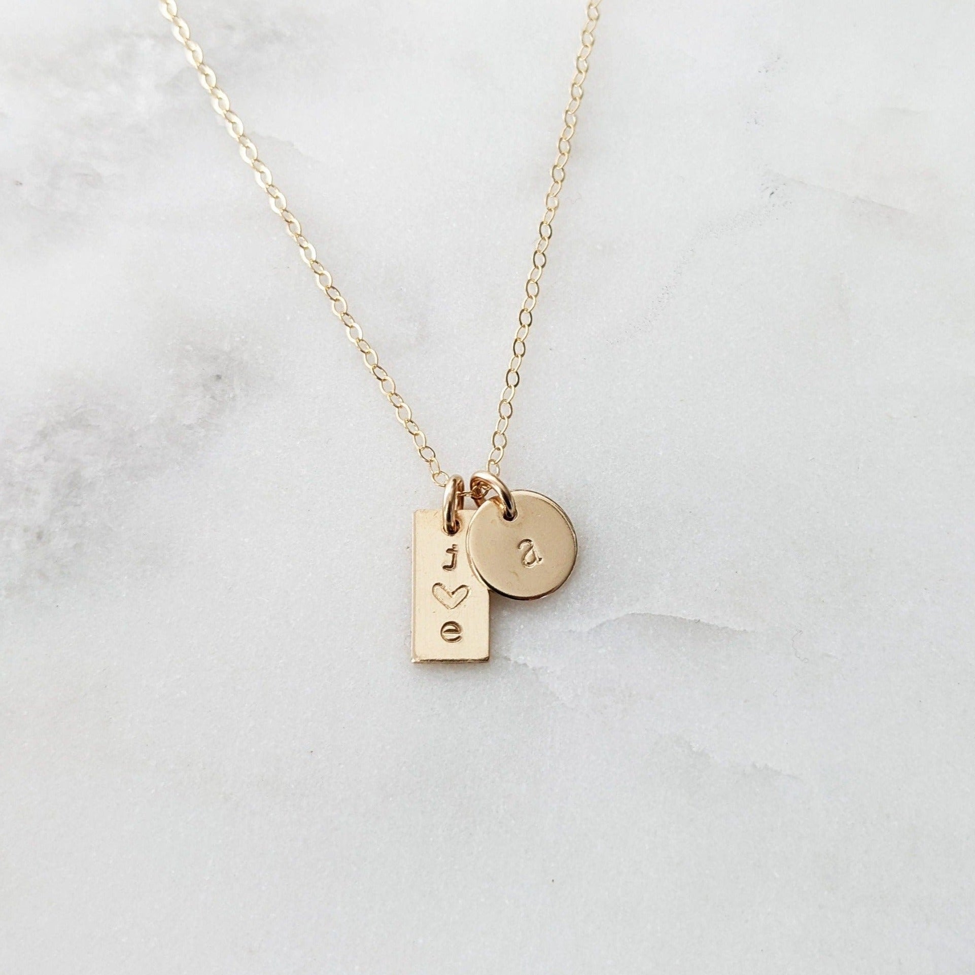 Gold filled necklace bar charm with initials tiny disc with initial