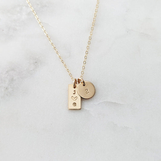 Gold filled necklace bar charm with initials tiny disc with initial